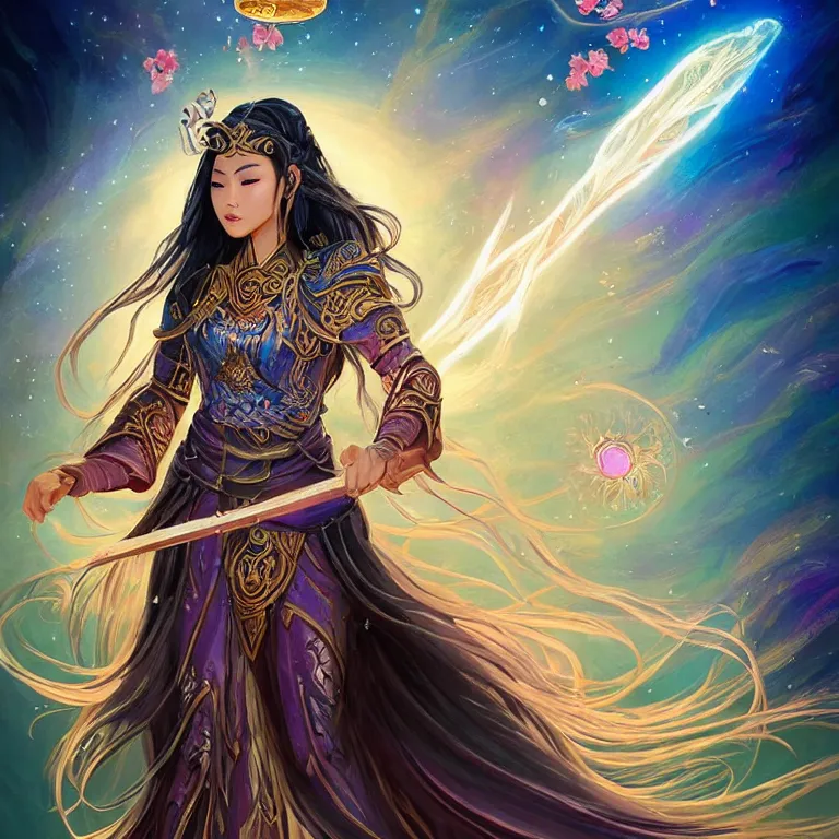 Image similar to beautiful cinematic fantasy poster, a beautiful vietnamese goddess warrior wearing a long flowy ao yai with enbroidered flowers with flowing illuminated hair throwing a banh mi towards camera, beautiful glowing galaxy eyes, wideshot ultrawide angle epic scale, hybrid from The Elden Ring and art direction by Darius Zawadzki ;by artgerm; wayne reynolds art station; cinematic quality character render; low angle; ultra high quality model; production quality cinema model;