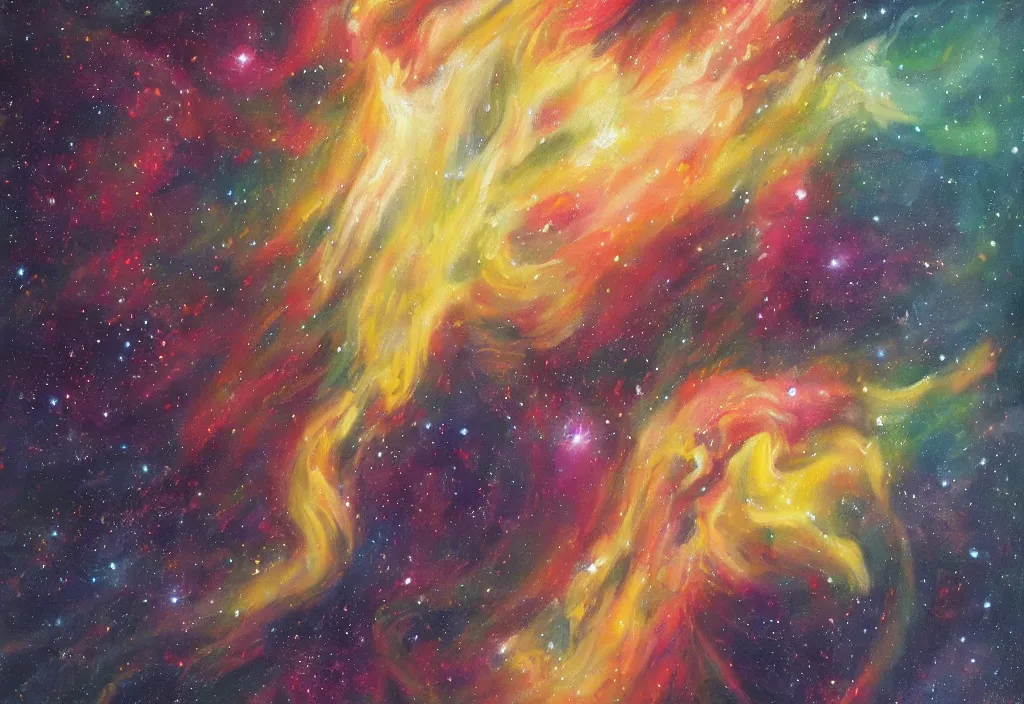 Image similar to A very beautiful and very detailed painting of wine spilling into space and forming a nebula. Trending, Professional, High quality, High resolution, Dynamic