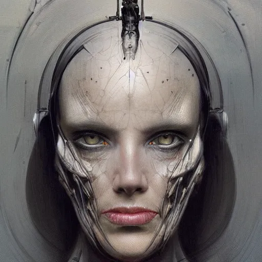 Prompt: surreal portrait of a woman by Greg Rutkowski and H.R Giger, Vincent Di Fate, cyborg of old age, symmetrical, hair as wires, haunting appearance, pale as marble, biomechanical and intricate, empty and uncany expression, frightening, space horror, fascinating, highly detailed portrait, digital painting, artstation, concept art, smooth, sharp focus illustration, duo tone, HQ.