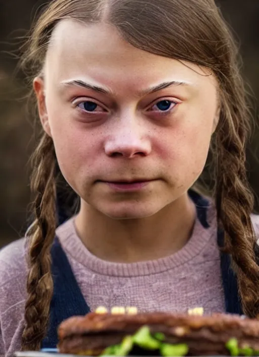 Image similar to closeup portrait of greta thunberg as a medieval goblin eating cakes, depth of field, zeiss lens, detailed, symmetrical, centered, fashion photoshoot, by Annie Leibovitz and Steve McCurry, David Lazar, Jimmy Nelsson, Breathtaking, 8k resolution, extremely detailed, beautiful, establishing shot, artistic, hyperrealistic, beautiful face, octane render