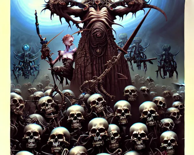 Image similar to the army of darkness and skulls, fantasy character portrait made of fractals facing each other, ultra realistic, wide angle, intricate details, the fifth element artifacts, highly detailed by peter mohrbacher, hajime sorayama, wayne barlowe, boris vallejo, aaron horkey, gaston bussiere, craig mullins