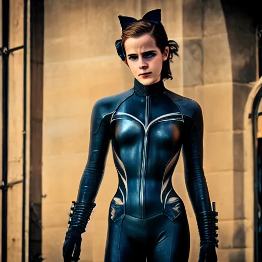 Image similar to Emma Watson as Catwoman, XF IQ4, f/1.4, ISO 200, 1/160s, natural light, Adobe Lightroom, DxO Photolab, polarizing filter, Sense of Depth, AI enhanced, AI rendered, HDR