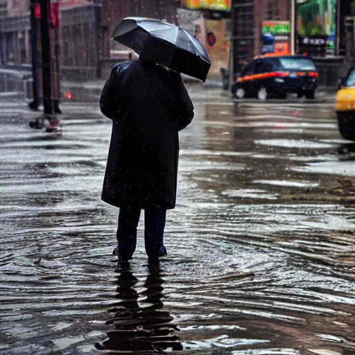 Image similar to closeup portrait of a man fishing in a puddle rainy new york street, by Steve McCurry and David Lazar, natural light, detailed face, CANON Eos C300, ƒ1.8, 35mm, 8K, medium-format print