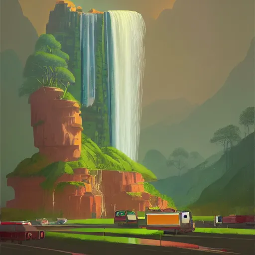 Image similar to landscape art of a waterfall in the shape of a giant printer in the style of Simon Stålenhag, digital art trending on Artstation