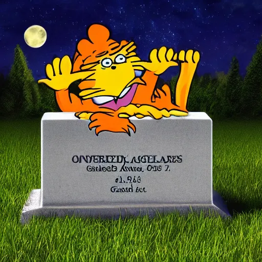 Image similar to Garfield eating lasagna in a cemetery, gravestone says Jon Arbuckle, full moon in background, starry sky with clouds, horror, spooky, photorealistic, 8k resolution,