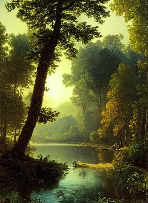 Prompt: a bright calm morning river, light shafts, dewdrops, stunning atmosphere, nature art by asher brown durand, by ivan shishkin