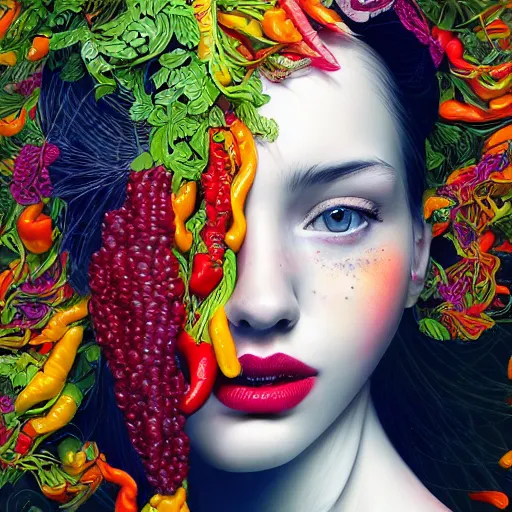 Image similar to the portrait of an unbelievably beautiful and sophisticated teen woman made up of peppers, an ultrafine detailed illustration by james jean, intricate linework, bright colors, final fantasy, behance contest winner, vanitas, angular, altermodern, unreal engine 5 highly rendered, global illumination, radiant light, detailed and intricate environment