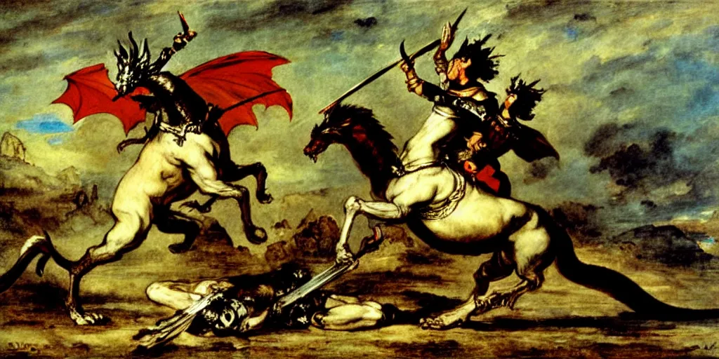 Image similar to knight fighting dragon, art by eugene delacroix