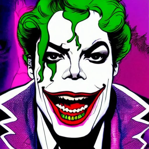 Image similar to dynamic macro head portrait of beautifu michael jackson as the joker in white sequined jacket by john romita sr and cory walker and ryan ottley and jack kirby and barry windsor - smith, comic, illustration, photo real
