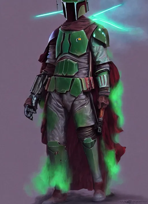 Image similar to arcane wizard x boba fett, fantasy inspired boba fett as a wizard, 3 d digital art, character mashup, epic volumetric lighting, combination art, photorealistic