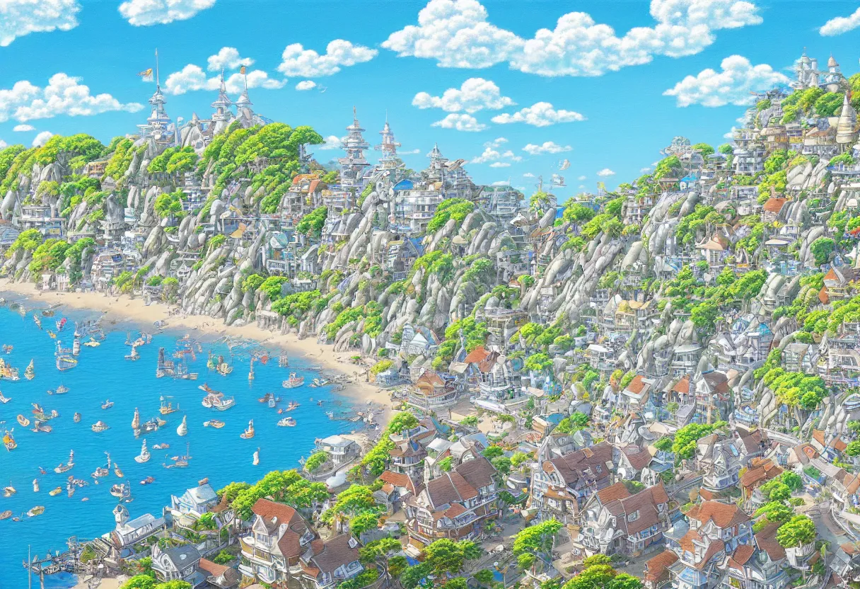 Image similar to a beautiful ultradetailed painting of a seaside town, sunny, studio ghibli sunlight, archdaily, wallpaper, highly detailed, trending on artstation