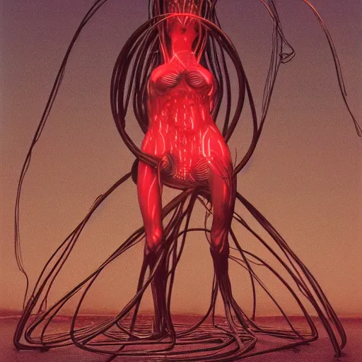 Image similar to alien woman wrapped around by tubes and cables, glowing red, by Edgar Maxence and Ross Tran, Zdzisław Beksiński, and Michael Whelan, distant, gustav dore, H.R. Giger, 8k, octane render