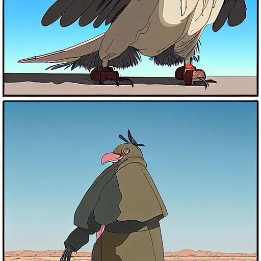 Image similar to a study of cell shaded cartoon of a grey mechanized vulture from howl's moving castle ( 2 0 0 4 ) on a desert road, full body, wide shot, very muted colors, post grunge, studio ghibli, laurie greasley, highly detailed, deviantart, art by artgem