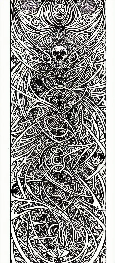 Image similar to a beautiful fractal tarot card featuring bold occult imagery with clean lines. skullpunk demon. dimension. haeckel fish and sea creatures. detailed adult coloring book