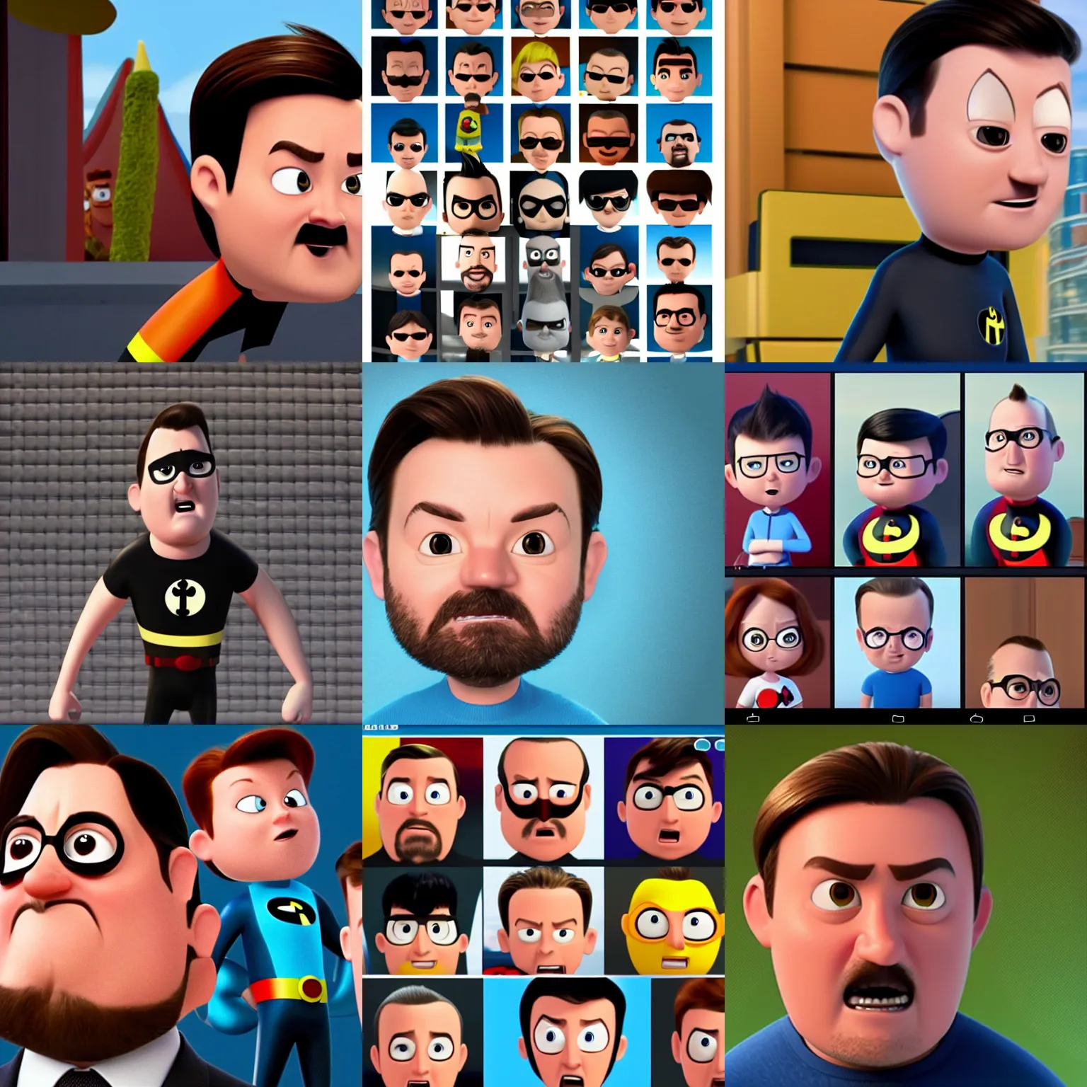 Prompt: screenshot of ricky gervais in pixars the incredibles. 4 k. amazing likeness