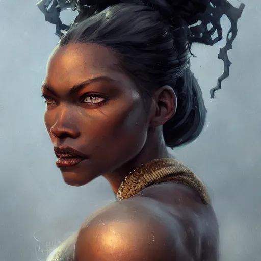 Image similar to A head-on detailed oil fantasy portrait of a beautiful black woman with pale green eyes and long white hair by greg rutkowski and artgerm, trending on artstation, dungeon and dragons art