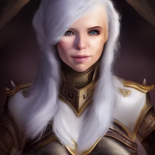 Image similar to fantasy portrait of a female human adventurer with white skin, white hair, white eyes without pupils, slightly - pointed ears, short wavy hair, eyebrow scar, trending on artstation, gentle smile, friendly, glowing, 4 5 angle, warm and welcoming