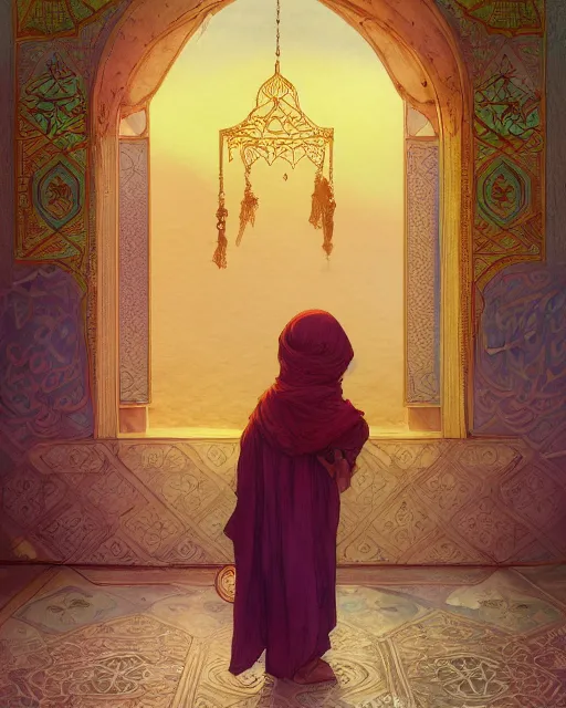 Image similar to a faceless bedouin child infront of a big open quran highly detailed, gold filigree, romantic storybook fantasy, soft cinematic lighting, award, disney concept art watercolor illustration by mandy jurgens and alphonse mucha and alena aenami, pastel color palette, featured on artstation