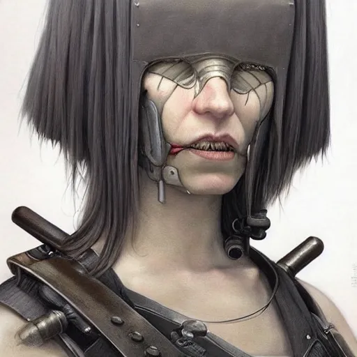 Image similar to a hyperrealistic portrait painting of a beautiful female cyberpunk warrior, by john kenn mortensen, highly detailed,