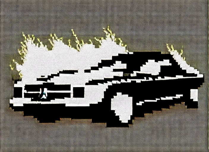 Image similar to burning wrecked mercedes 1 2 4, pixelart, monochrome gameboy, award winning. dramatic. trending on artstation, low resolution sync