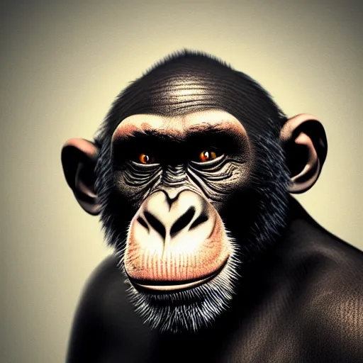 Image similar to a high detail shot of a chimp wearing a suit, smoking, render, cgsociety, photorealism