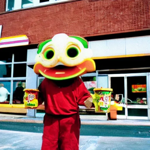 Image similar to The mascot for a once-popular fast food chain, 1990, colour photography