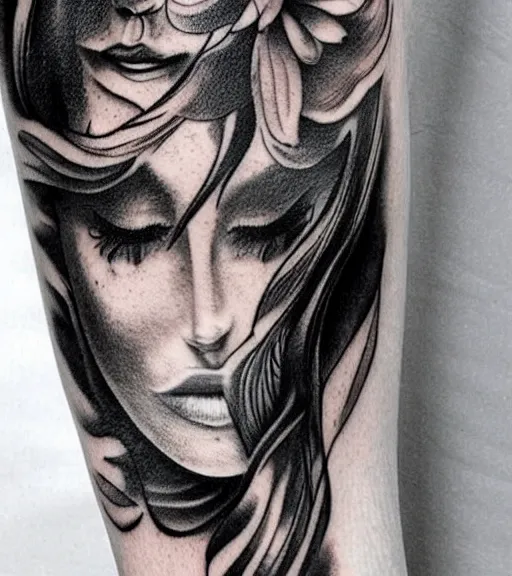 Prompt: a beautiful tattoo design, in the style of den yakovlev, hyper realistic, black and white, realism, highly detailed