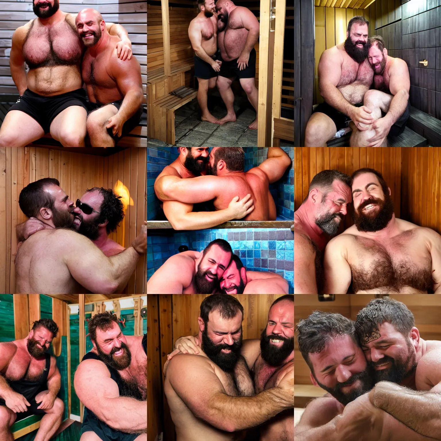 Prompt: jolly hairy burly manly sweaty big strongmen cuddling in a sauna