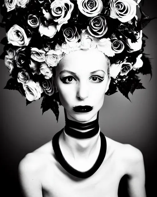 Image similar to dreamy surreal poetic black and white photo of a beautiful young bio-mechanical-female-cyborg-plastic-robot with a very long neck and a super big gothic lace collar and a very high big floral crown with many black dry roses by Vivienne Westwood:: smoke, high fashion, haute couture, rococo, avant-garde, elegant, dreamy, hyper realistic, 150 mm lens, soft rim light, octane render, unreal engine, picture was taken in 1910 by Dora Maar, volumetric lighting, dramatic light,8k,