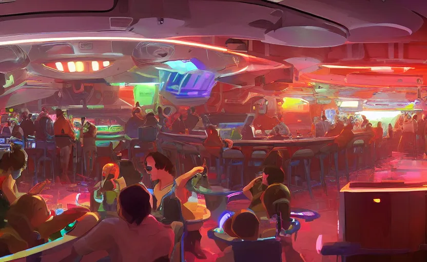 Prompt: a space station bar with humans and aliens interacting and drinking, artstation, concept art by peter chan, colorful lighting