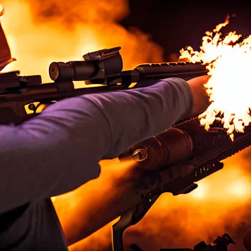 Image similar to man firing ar - 1 5, muzzle flash visible at the end of the barrel, highly detailed, photograph, firepower united