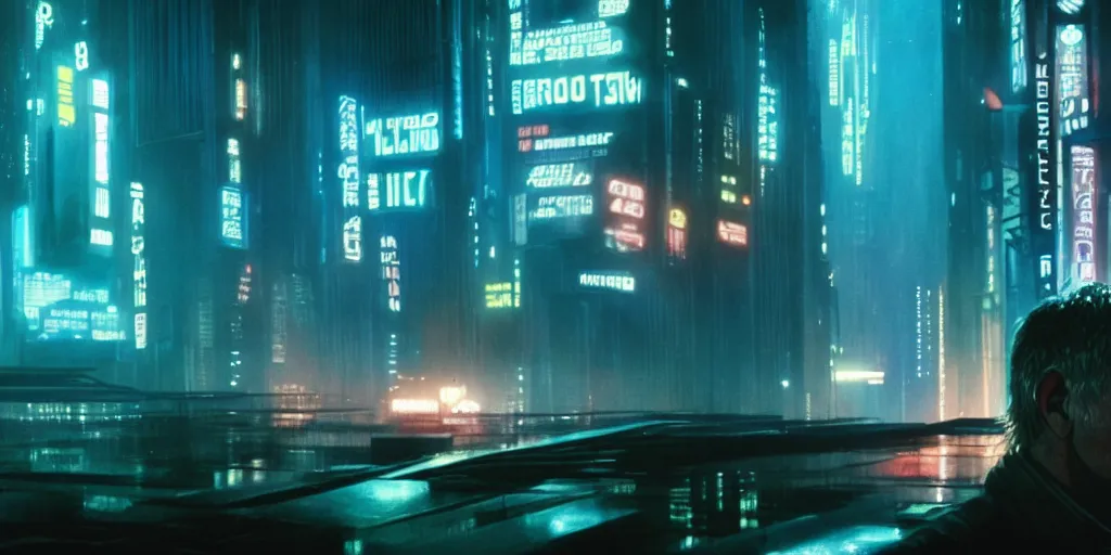 Image similar to 2 0 1 8 blade runner movie still harrison ford looking at the cityscape from roof matrix perfect face fine realistic face pretty face neon jacket blue futuristic sci - fi elegant by alex proyas illustrated sand storm