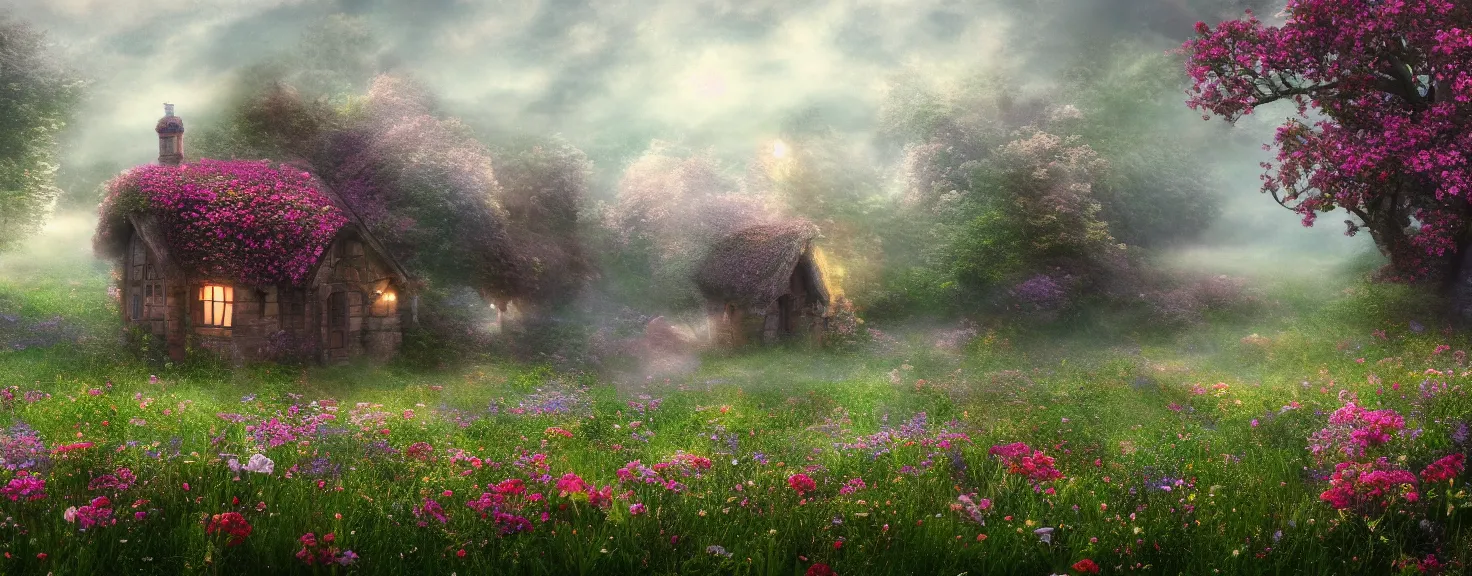 Prompt: fantasy little strawberry like cottage among magical floral meadow partially covered with fog, photo realistic image, super detailed, 4K,cinematic look