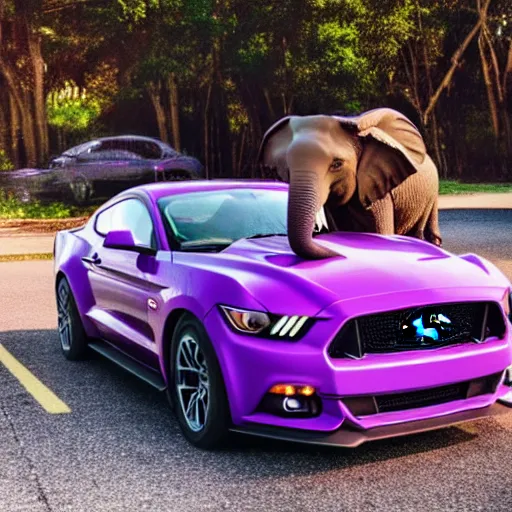 Image similar to purple elephant riding a ford mustang