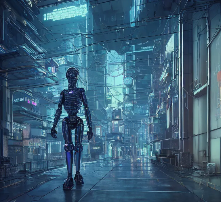 Prompt: hyperrealism stock photography of highly detailed stylish robot in cyberpunk sci - fi style by gragory crewdson and katsuhiro otomo, mike winkelmann with many details by josan gonzalez working at the highly detailed data center by mike winkelmann and laurie greasley hyperrealism photo on dsmc 3 system rendered in blender and octane render