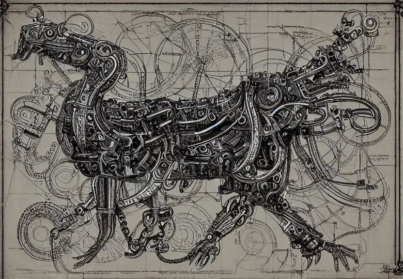 Prompt: 1 / 4 schematic blueprint of highly detailed ornate filigreed convoluted ornamented elaborate cybernetic rat, full body, character design, inside frame, middle of the page, art by da vinci