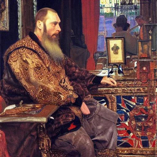 Image similar to portrait of Ivan the Terrible listening smartphone masterpiece painting by vasnetsov and surikov, JEAN-VICTOR BERTIN, by Terence Cuneo, detailed, artfully traced, 4k resolution, cinematic, dramatic