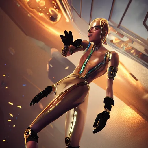 Image similar to arcade female fighter, wearing metallic swimsuit, cyborg, mechanical, fight scene, unreal engine, game character, digital art, octane render, photorealistic intricate detailed