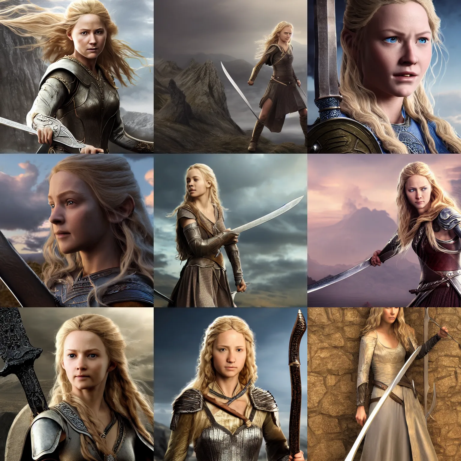 Prompt: Highly detailed character art of Eowyn from Lord of the Rings, brandishing a sword, highly detailed, photo realistic, 8K, octane render, unreal engine