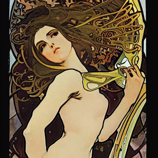 Prompt: battle angel, painted by alphonse mucha