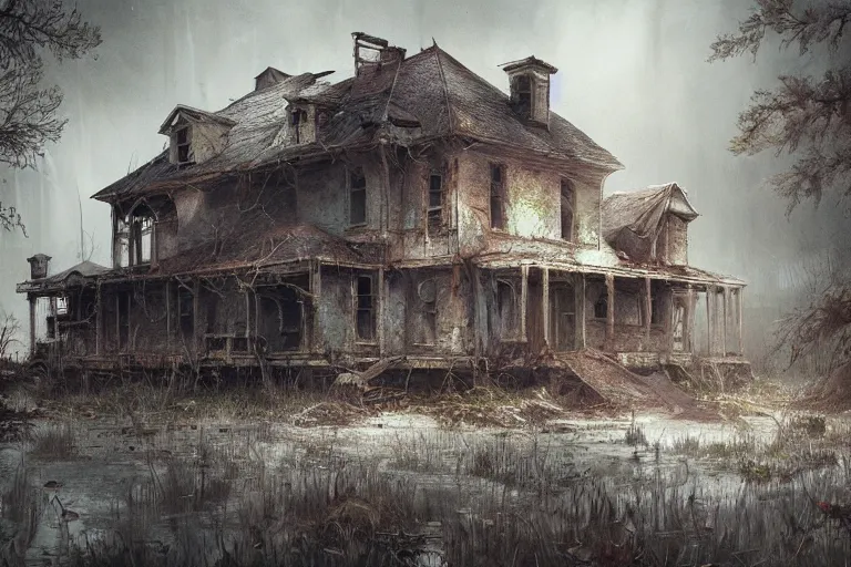 Prompt: abandoned desolate house in the swamp, gloomy, highly detailed, digital painting, artstation, concept art, sharp focus, illustration, art by artgerm and greg rutkowski