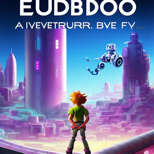 Image similar to film poster, an adventurous boy ( facing the camera ) and his small robot friend, futuristic city backgrond, eleborate composition with foreground and background, depth of field, fantasy illustration by kyoto studio, don bluth!!!, square enix, cinematic lighting