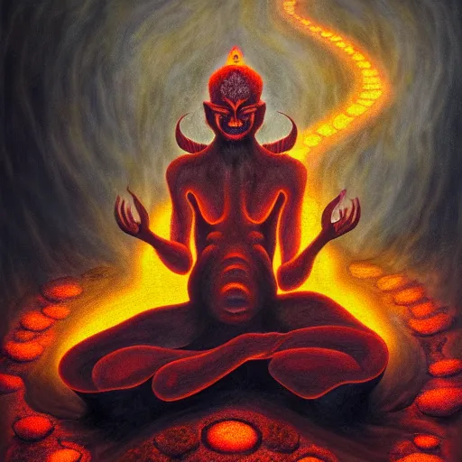 Image similar to a demon meditating near a zen garden with a lava waterfall in hell, ominous hellscape by amanda sage and anton semenov, oil on canvas 8k, dramatic lighting