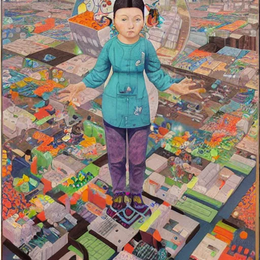 Image similar to A mixed mediart. A rip in spacetime. Did this device in her hand open a portal to another dimension or reality?! by Hikari Shimoda, by Diego Rivera realist