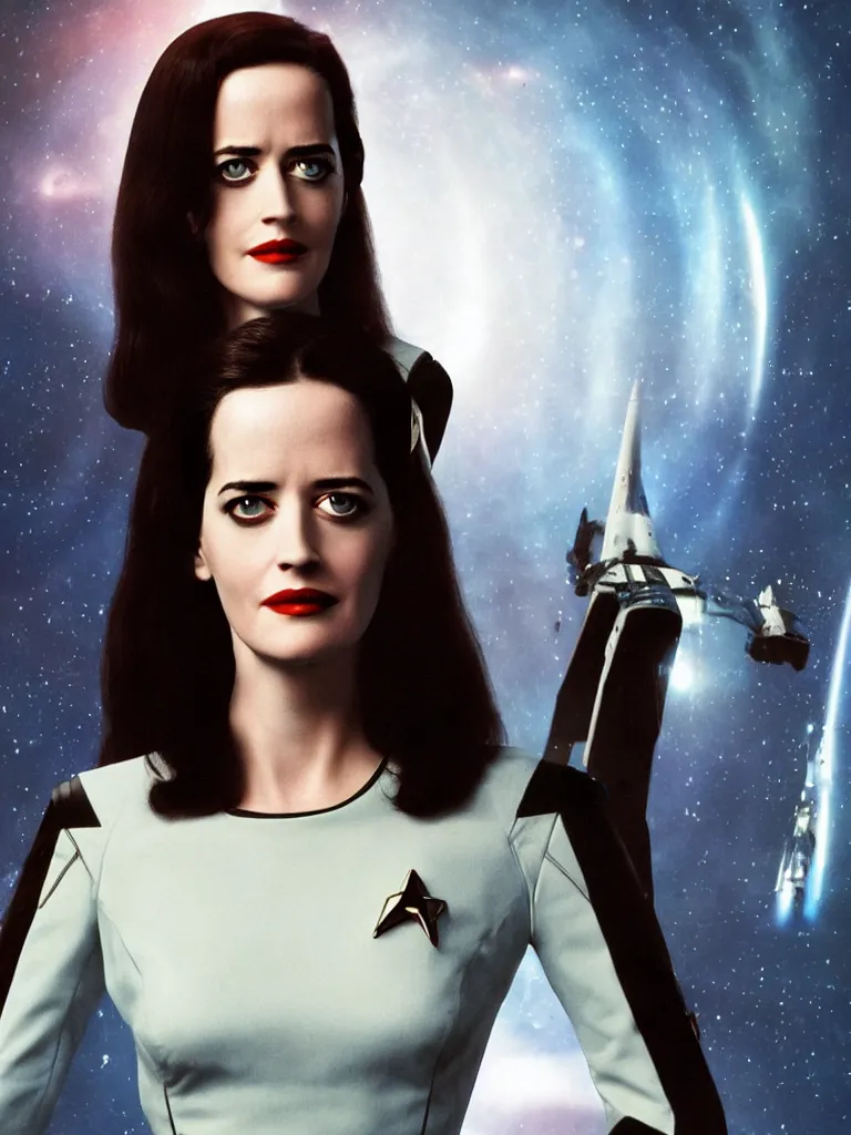 Image similar to a full body photograph of 3 0 year old eva green as a star fleet officer from star trek next generation, ultra rendered, extreme realism and detail, 8 k, highly detailed, realistic, completely framed, hyper realistic, colorful, direct lighting, 3 5 mm photo, photorealistic, sharp focus