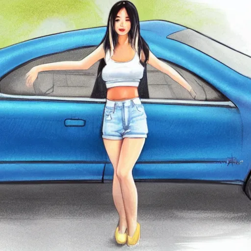 Image similar to very very very beautiful asian woman standing in front of car, bare midriff, one foot raised off the ground, full body portrait, eye contact, smiling, realistic face, perfect body, drawn by WLOP