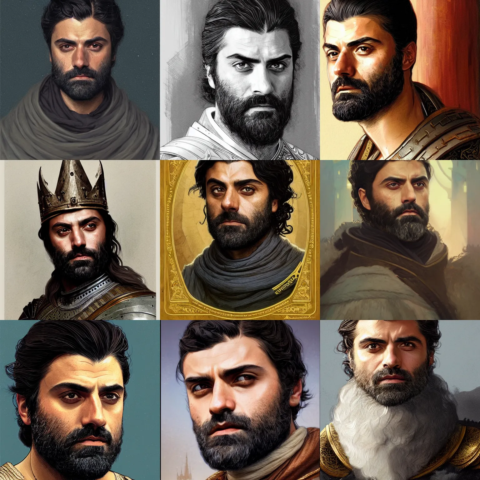 Prompt: portrait of bearded oscar isaac as a medieval king, crown, elegant, intricate, headshot, D&D, fantasy, highly detailed, digital painting, artstation, concept art, sharp focus, illustration, art by artgerm and greg rutkowski and alphonse mucha