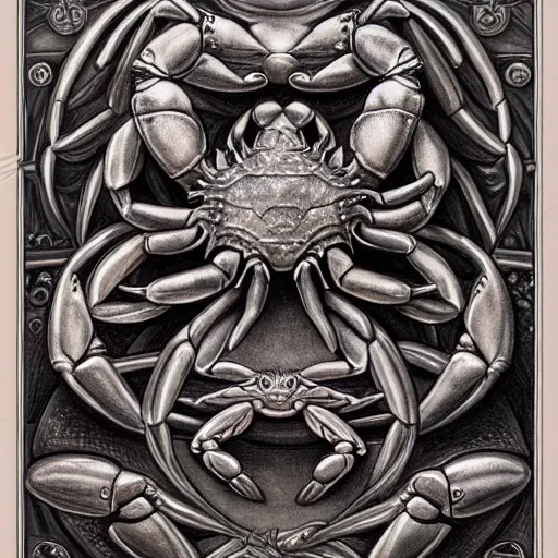 Image similar to detailed and sharp crab god zodiac artwork, mystic style, detailed, 8 k, detailed, symmetrical, by brian froud