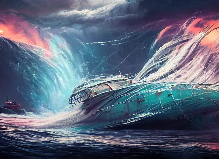 Prompt: painting of ship falling into a whirlpool, intricate abstract. delicate artwork. by Tooth Wu, wlop, beeple, dan mumford. octane render, trending on artstation, greg rutkowski very coherent symmetrical artwork. cinematic, hyper realism, high detail, octane render, 8k, depth of field, bokeh. chrome accents.