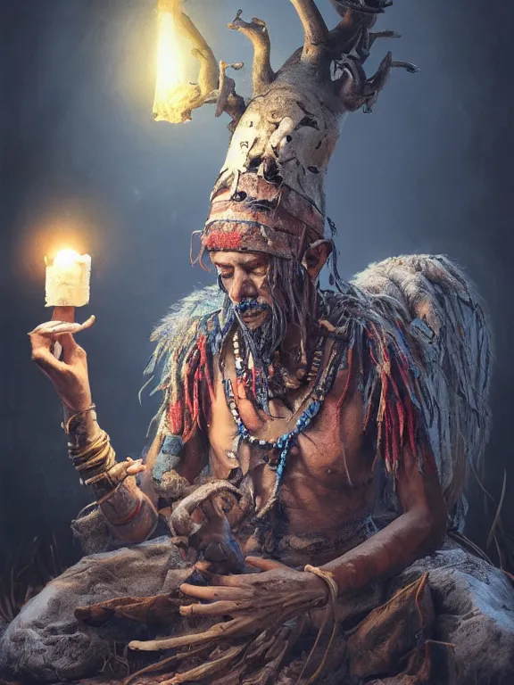 Image similar to fine painting of a death shaman from an ancient culture with mushrooms growing from his body, candlelight, 8 k, ultra realistic, lens flare, atmosphere, glow, detailed, intricate, full of colour, cinematic lighting, trending on artstation, 4 k, hyperrealistic, focused, extreme details, unreal engine 5, cinematic, masterpiece